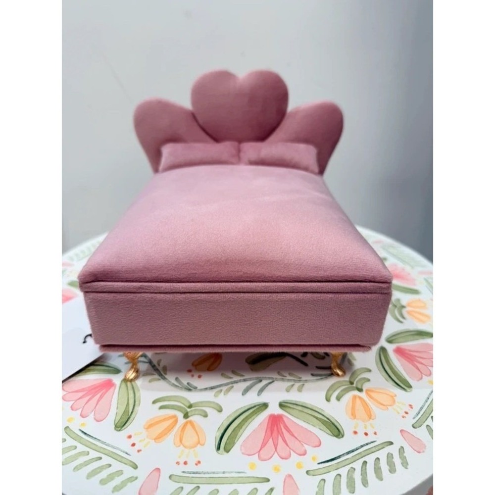 Willow & Riley Pink Velvet Bed Jewelry Box Heart Headboard Gold Claw Feet NWT